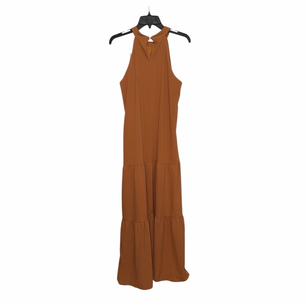 Pretty Garden Tiered Sleeveless Halter Maxi Dress Size Large Belted Rust Brown - Picture 3 of 7